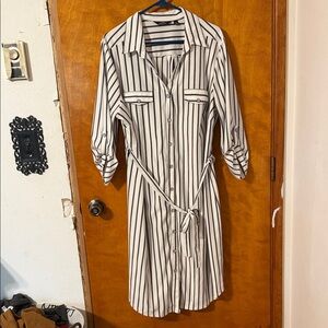 Mlle Gabrielle White and Black Vertical Stripe Long-Sleeve Shirt Dress